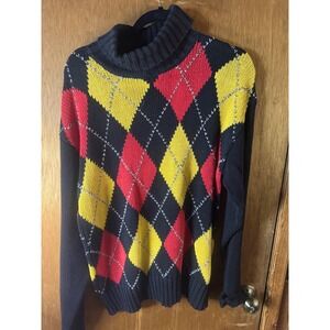 Lizsport Vintage Argyle Turtleneck Sweater Navy Blue Red Yellow Ramie Cotton M